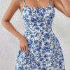 Floral Print Dress Summer Sweet A- Line Waist Trimming Dresses Women's Slimming Casual Clothing