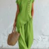 Womens Solid-Color Crew-Neck Buttoned Short-Sleeve Wide-Leg Pants Set