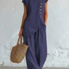 Womens Solid-Color Crew-Neck Buttoned Short-Sleeve Wide-Leg Pants Set