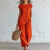Womens Solid-Color Crew-Neck Buttoned Short-Sleeve Wide-Leg Pants Set