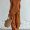 Womens Solid-Color Crew-Neck Buttoned Short-Sleeve Wide-Leg Pants Set