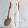 Womens Solid-Color Crew-Neck Buttoned Short-Sleeve Wide-Leg Pants Set
