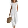 Womens Solid-Color Crew-Neck Buttoned Short-Sleeve Wide-Leg Pants Set