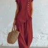 Womens Solid-Color Crew-Neck Buttoned Short-Sleeve Wide-Leg Pants Set