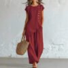 Womens Solid-Color Crew-Neck Buttoned Short-Sleeve Wide-Leg Pants Set